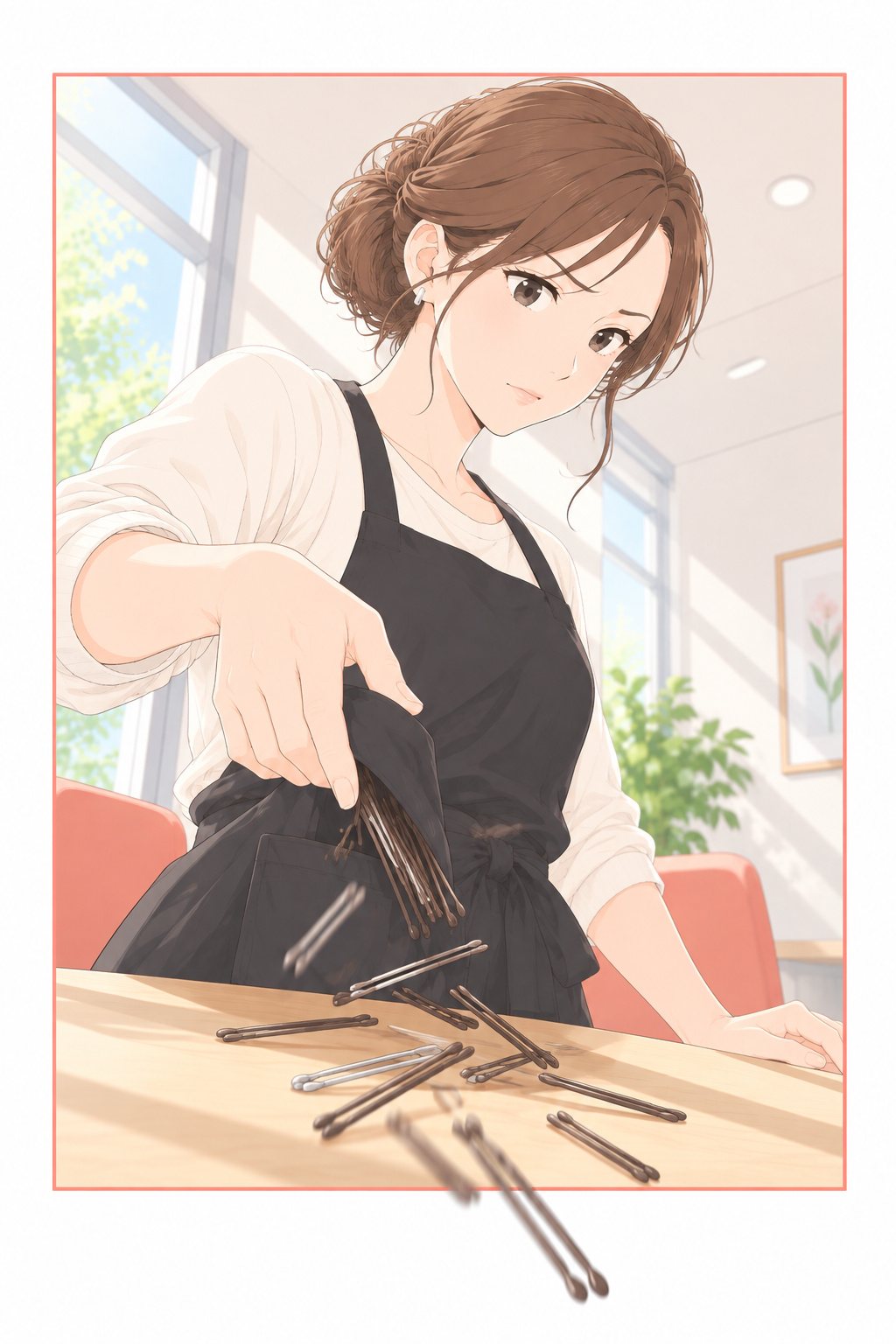玲奈がエプロンのポケットからヘアピンを全部出して、机の上にじゃらっと置く。迷いの消えた顔。低い角度から。