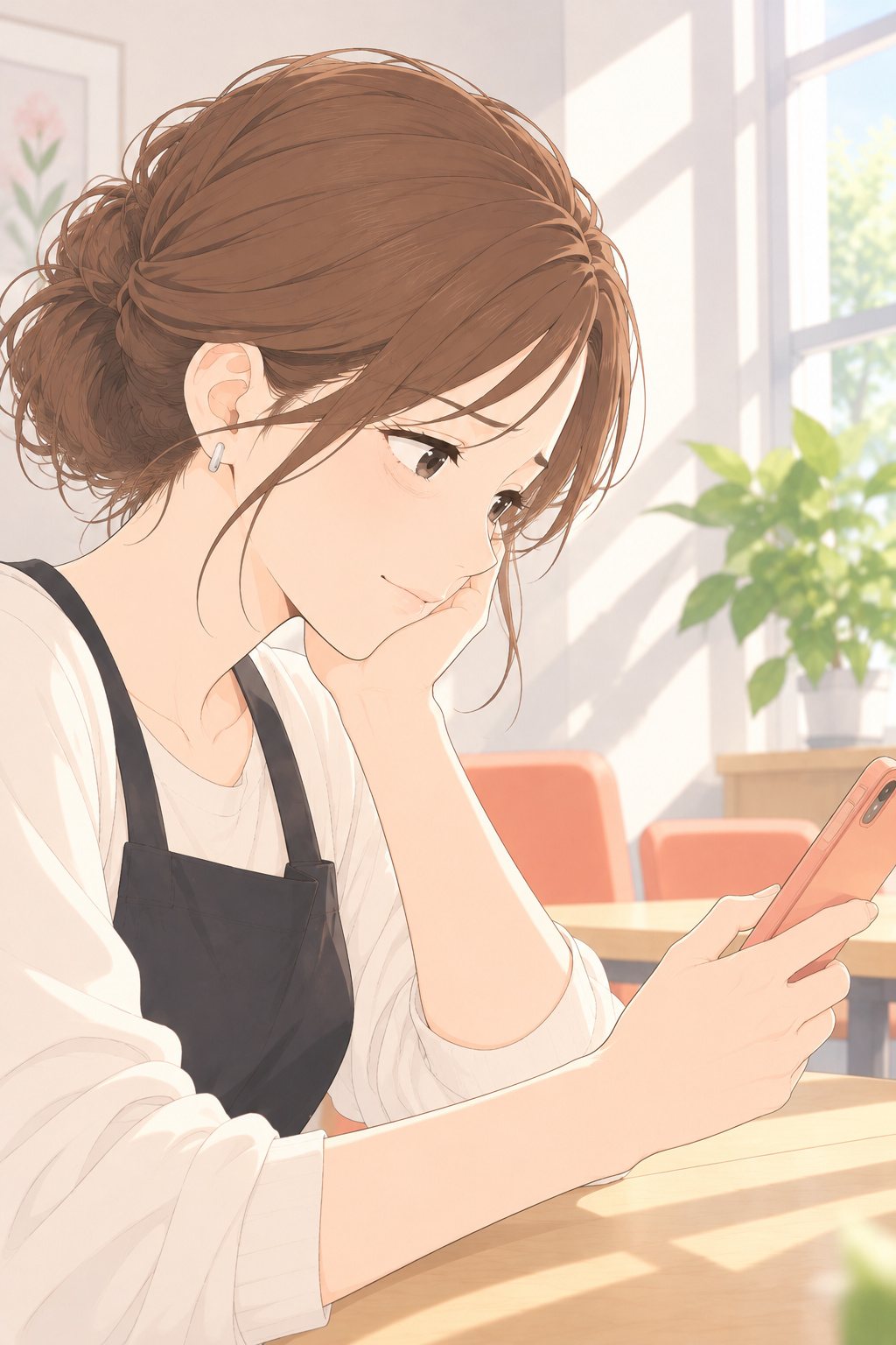 玲奈が、手に持ったスマホの投稿の画面を見下ろし、少しさみしそうに笑う。画面の字は見えない。横からの寄り。