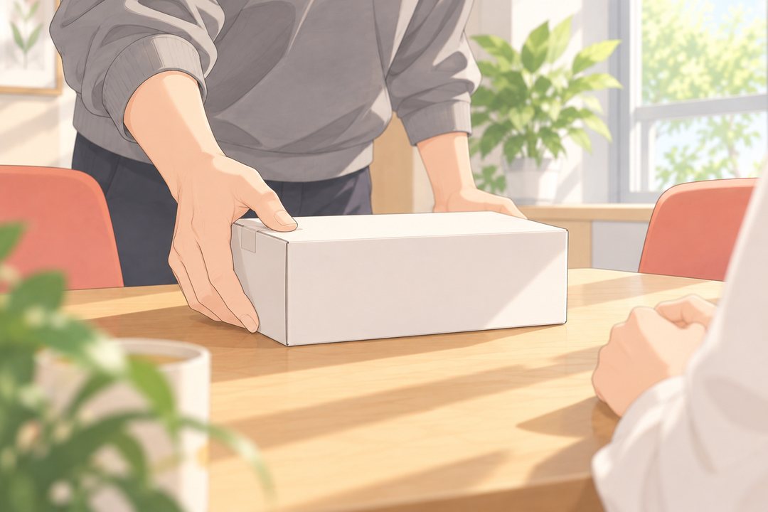 相談の机の寄り。若い男性の手が、通販の小さな白い箱を机の上に置く。箱に字は無い。
