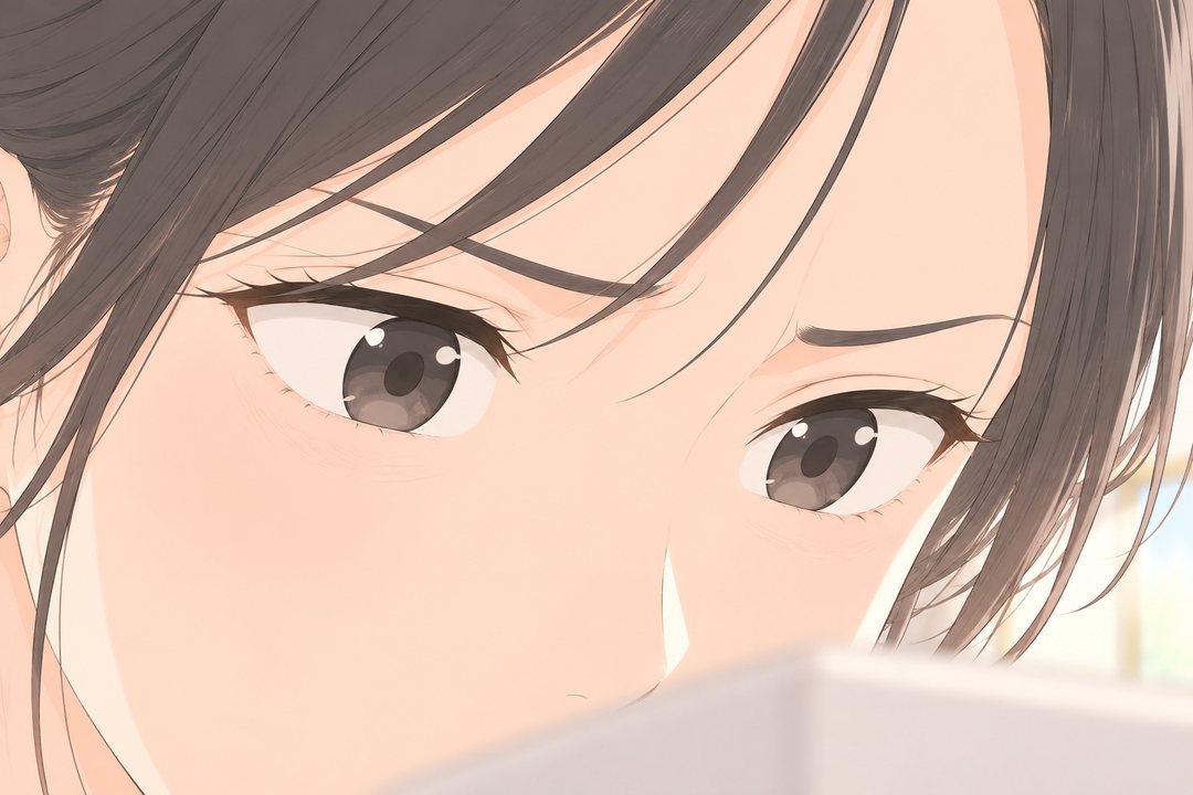 しずくの目の寄り。眉を少し寄せて、机の上の白い箱を見下ろす。