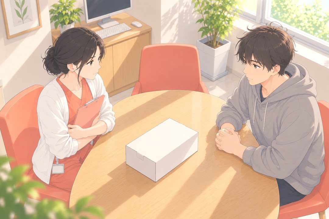 相談の部屋の全景を、少し高い所から。机をはさんで、しずくと、パーカー姿の若い男性が向かい合う。院長の椅子は空いている。机の上に白い箱が1つ。