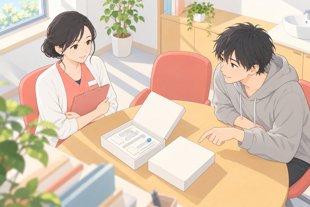 相談の部屋を高い所から。机の上に、通販の白い箱と、中から出した型取りの道具が並ぶ。パーカー姿の若い男性が身を乗り出し、向かいでしずくが1人で紙ばさみを抱える。院長の椅子は空いている。