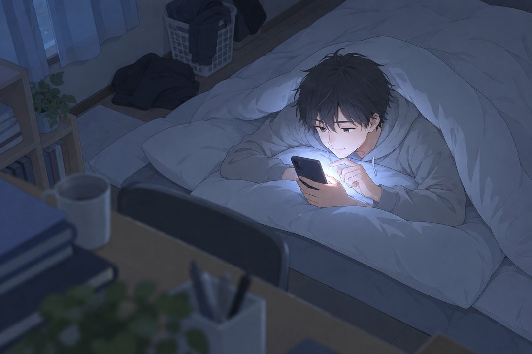 夜中のアパートの部屋を高い所から。布団の中で、颯太がスマホの光に顔を照らされながら、画面のボタンを指先で押す。画面の字は見えない。