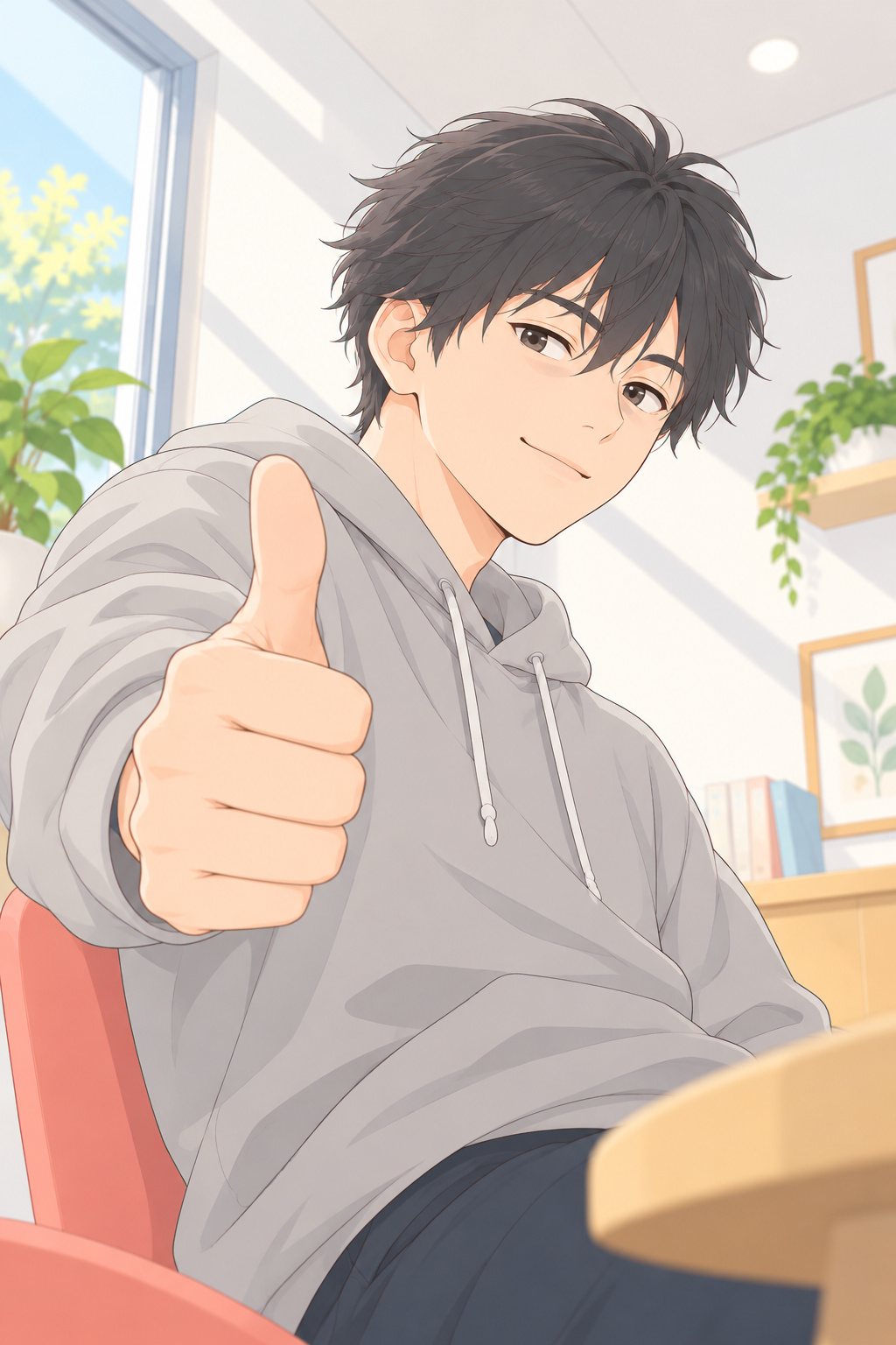 相談の部屋で、颯太の顔の寄り。目の下にうすいくまがあるのに、得意げに笑って親指を立てる。口は閉じたまま。少し下から。