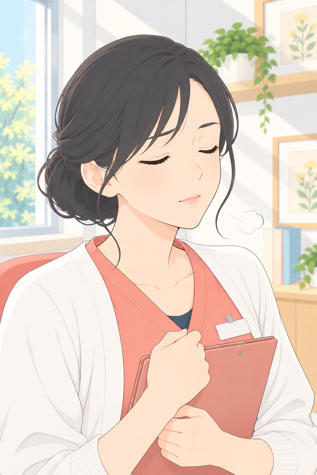 しずくの顔の寄り。口を閉じたまま目を閉じ、小さく息を吸う。紙ばさみを胸に抱く手に力が入る。