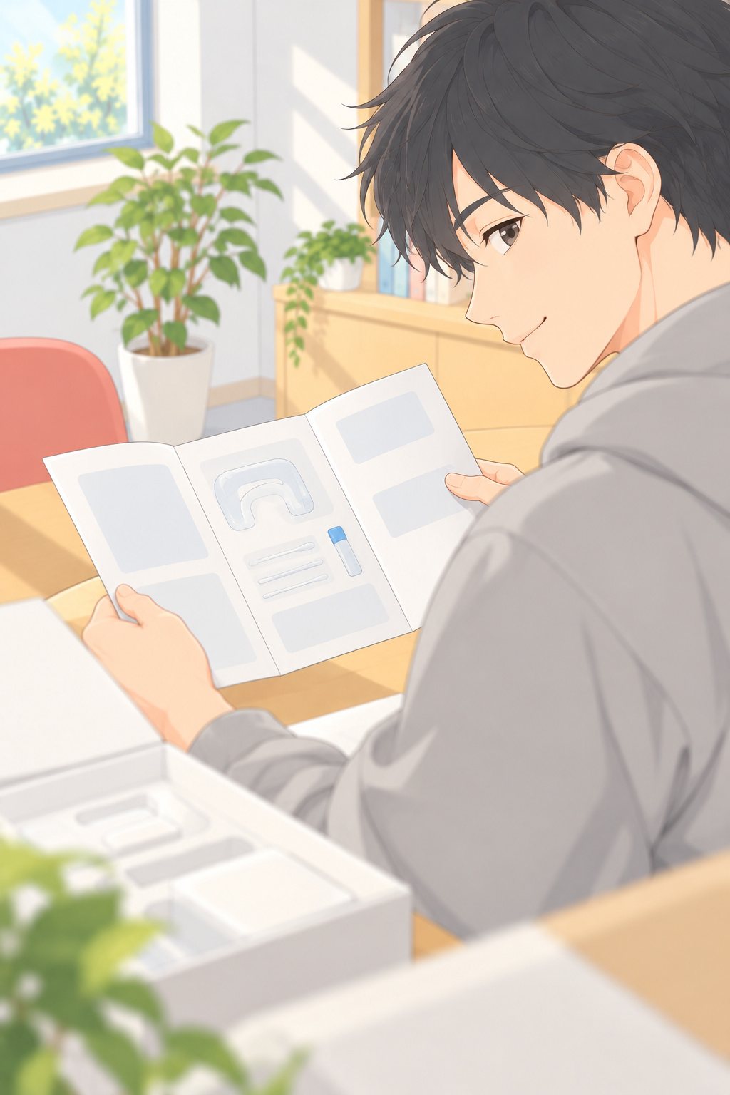 颯太の肩越しに。颯太が箱の中の説明書をめくる。手前に箱のふたが大きくぼける。説明書に読める字は無い。