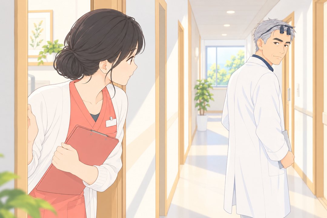 相談の部屋の戸口から、しずくが廊下へ半身を出して呼ぶ。廊下の奥で、白衣の院長が振り向く。戸口の枠ごしに見る。