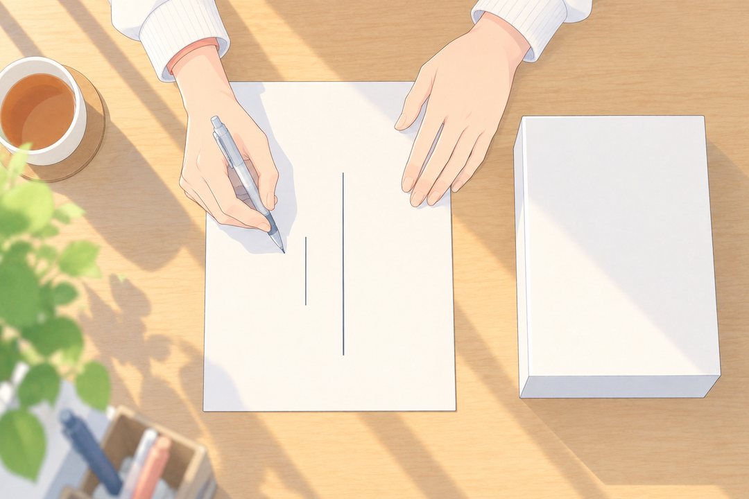 相談の机を真上から。しずくの手が、カレンダーの紙の上に、7週間の短い線と、3年の長い線を並べて引く（字は無い）。横に通販の箱。
