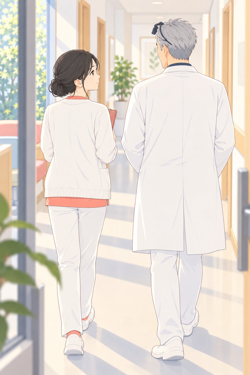 医院の廊下。白衣の院長と、紙ばさみを抱えたしずくが並んで歩く。院長は前を向いたまま、しずくは横の院長を見上げる。後ろから。