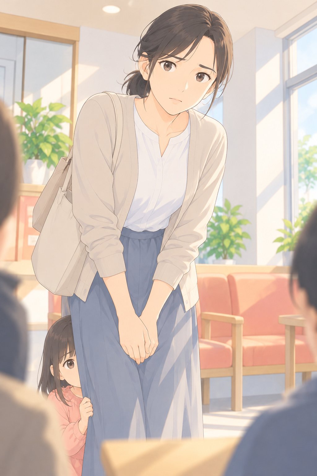 朝の待合室。白いブラウスに薄いカーディガンの母親が、両手を前で組み、眉を少し寄せて小さく頭を下げる。母親の脚のかげに、7歳ほどの女の子が隠れて、片目だけでこちらをのぞく。低い角度から。