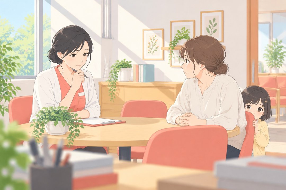 朝の相談の部屋。机をはさんで、左にしずく、右に白いブラウスの母親が座り、母親の椅子の背もたれのかげから7歳ほどの女の子が顔を半分だけ出す。院長の椅子は空いている。横からの昼前の光。