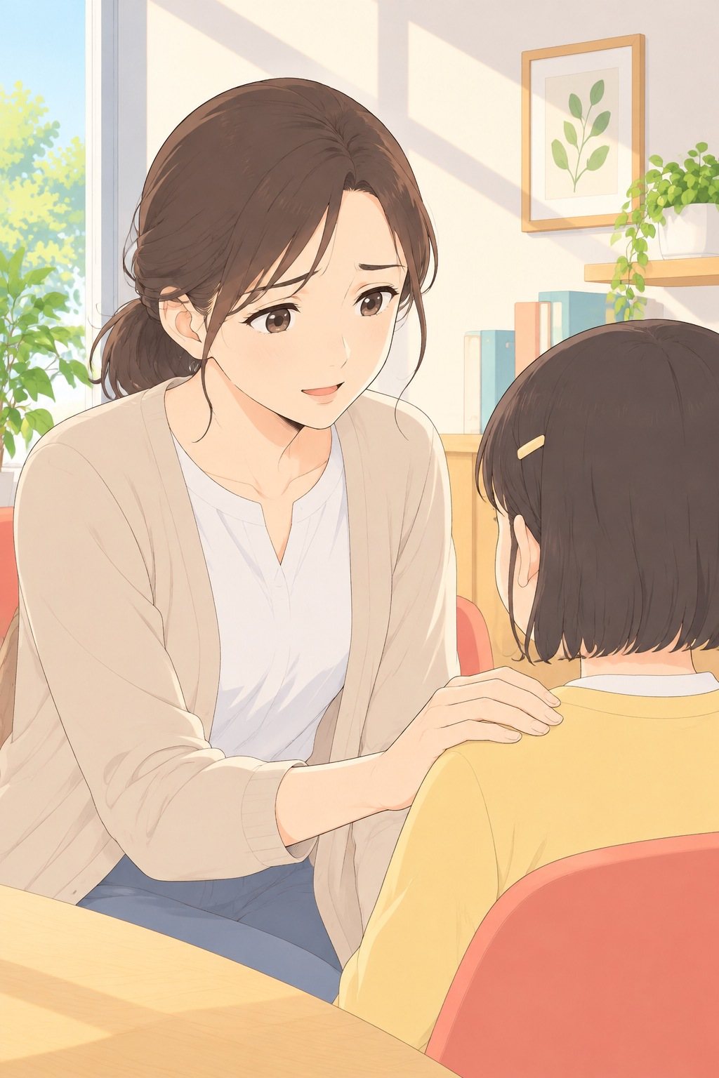 母親の胸から上。娘の肩に手を置き、申し訳なさそうに笑う。