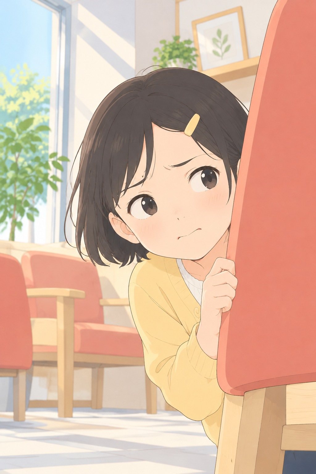 椅子の背もたれのかげの女の子の顔の寄り。前髪を小さなピンで留め、背もたれから顔を出して、困った目でしずくを見る。