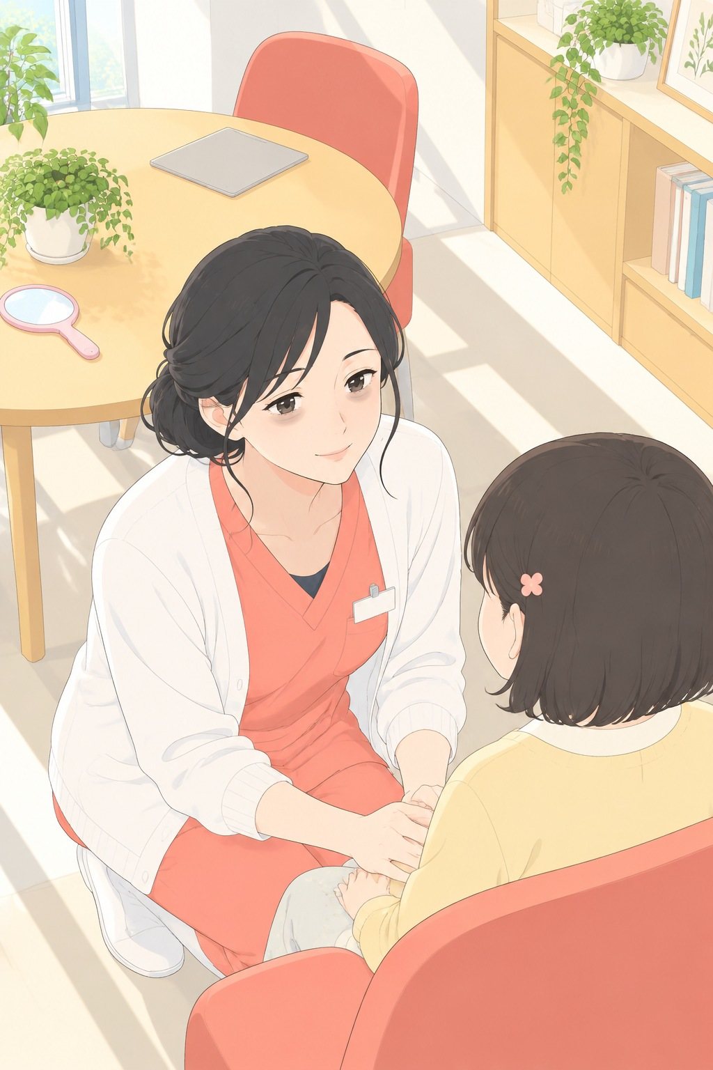 少し上からしずく。椅子の横で膝をつき、女の子と目の高さを合わせる。女の子は後ろ姿。