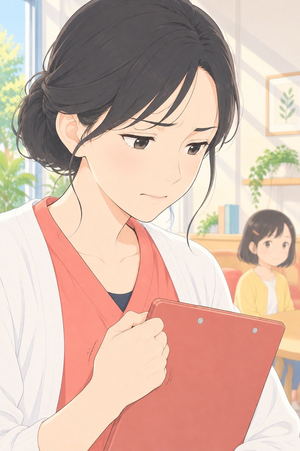 しずくの顔の寄り。母親の言葉に、口を閉じたまま、一瞬だけ目を伏せる。紙ばさみを持つ指に力が入る。奥の椅子に女の子。