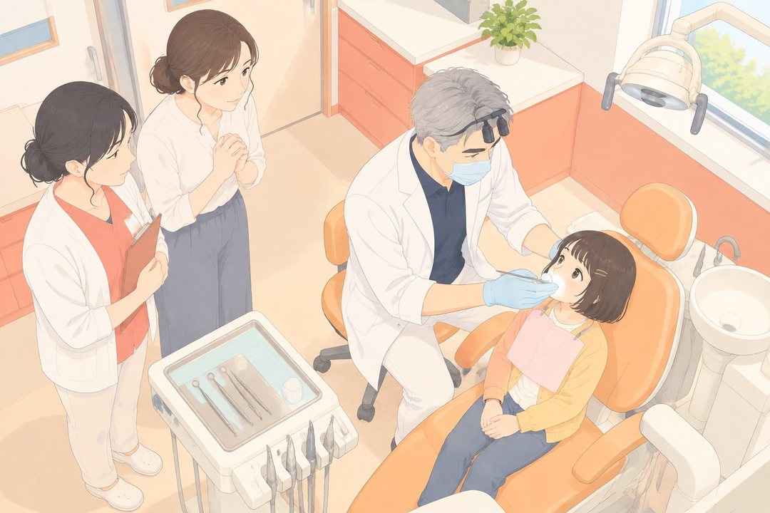 診療室を高い所から。小さな診療台に座ったひなたの横で、マスクと手袋の院長がかがみ、口元に小さな鏡を当てる（口の中は見えない）。台の横で母親が両手を組み、しずくが紙ばさみを抱えて立つ。