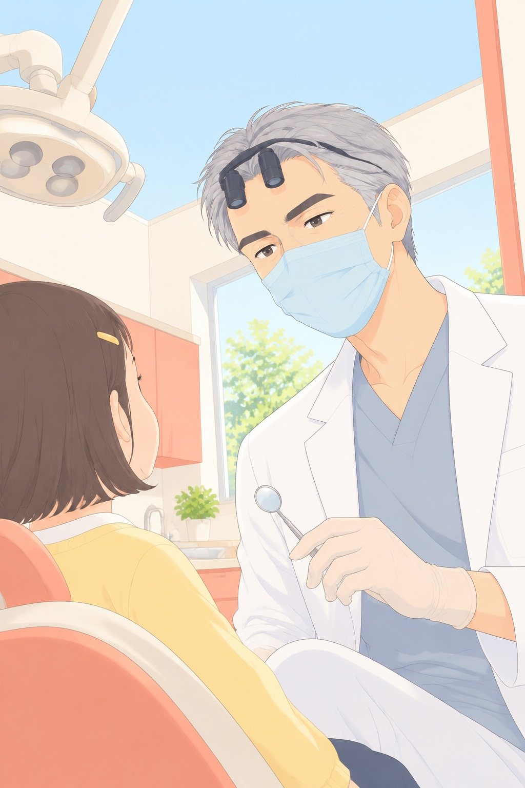 院長を少し下から。マスクの上の目がやわらかい。手前に女の子の後ろ頭。