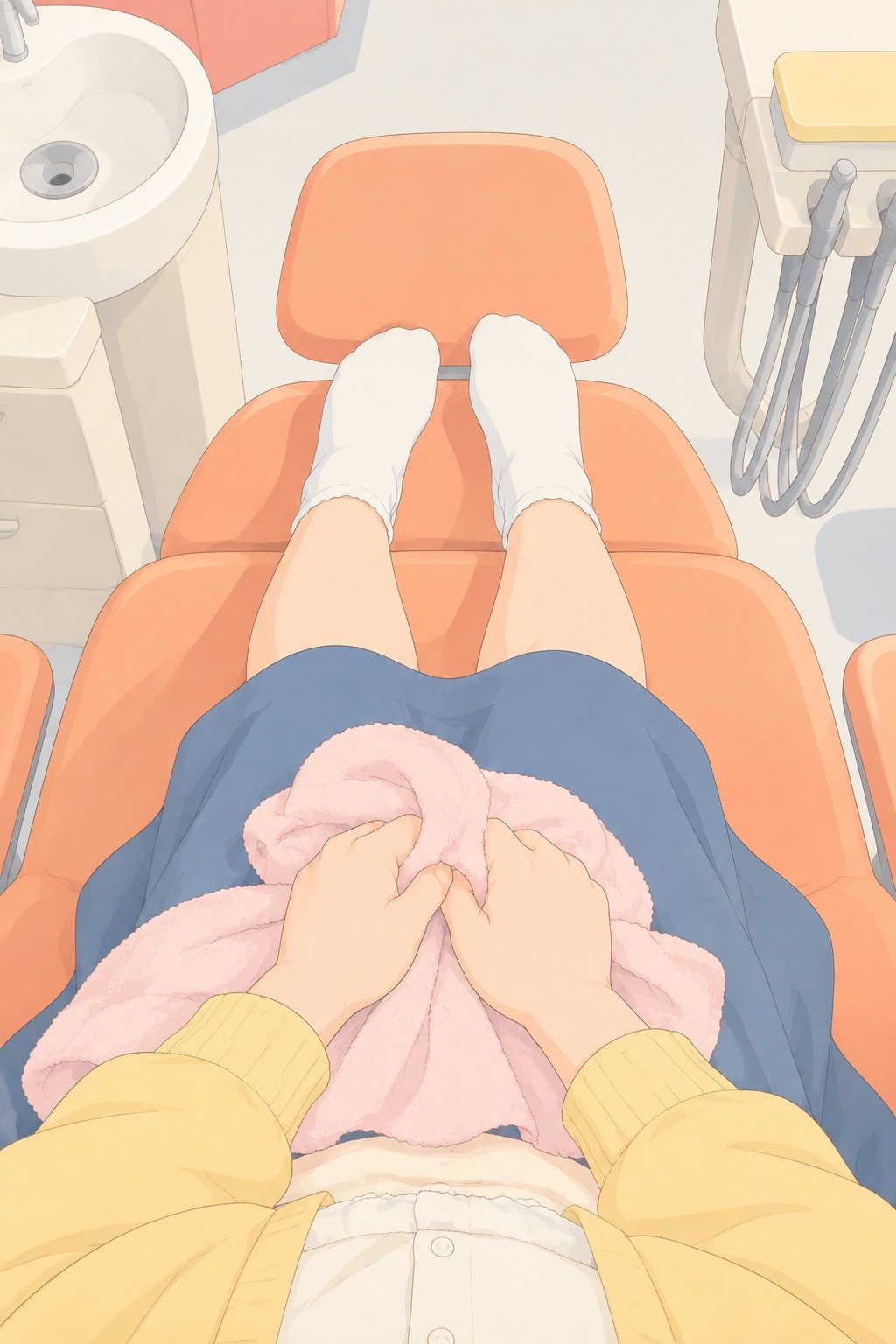 真上から、診療台の女の子の足先と、ぎゅっと握ったタオル。