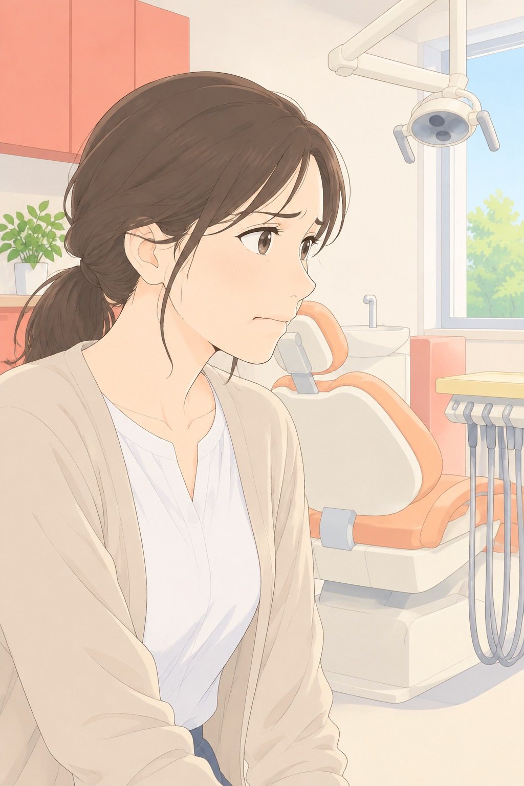 母親の胸から上の横向き。院長の言葉を聞いて、眉を寄せる。