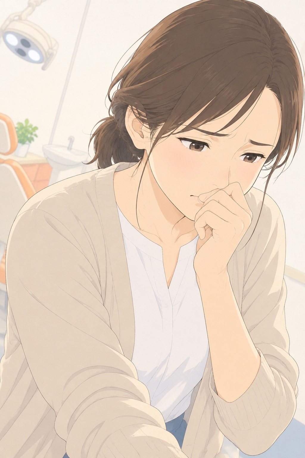 母親の顔の寄り。気まずそうに眉を下げ、片手で口元を隠す。後ろに診療室の白い壁。