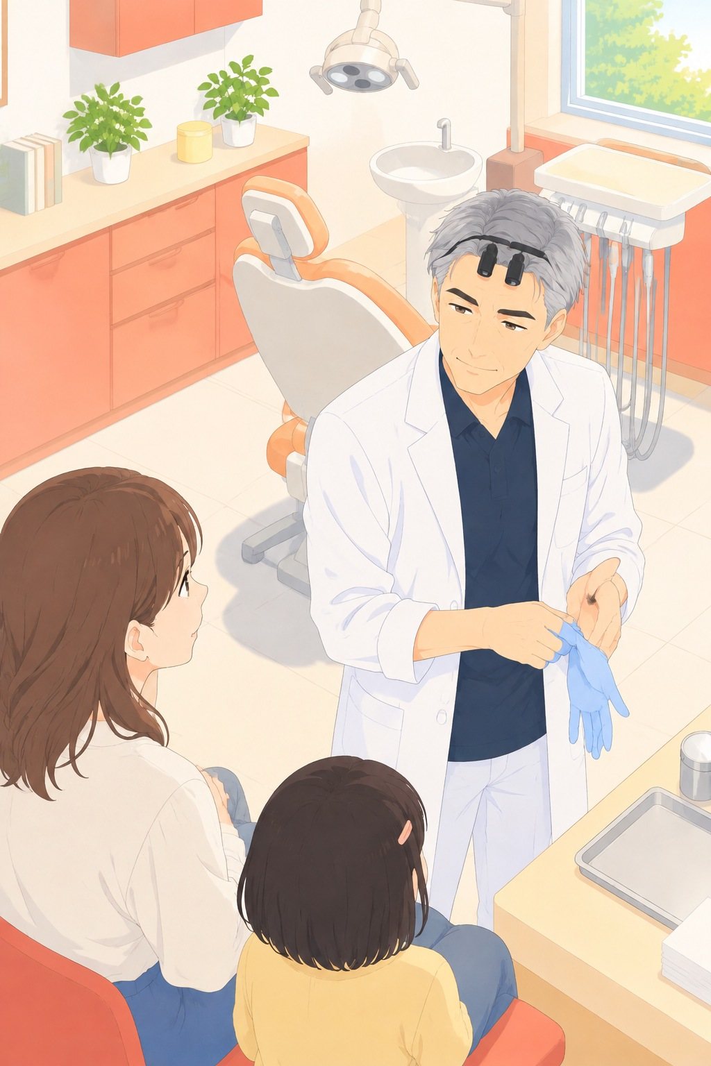 少し上から院長。手袋を外しながら、手前の母親と女の子の方へ顔を向ける。