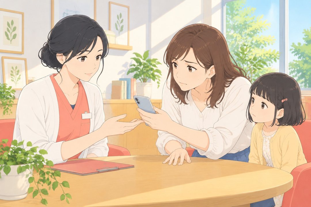 相談の部屋。母親が身を乗り出し、スマホの画面(字は読めない)をしずくに見せる。しずくは手を差し出して受け止め、母親の横の椅子からひなたも画面をのぞく。