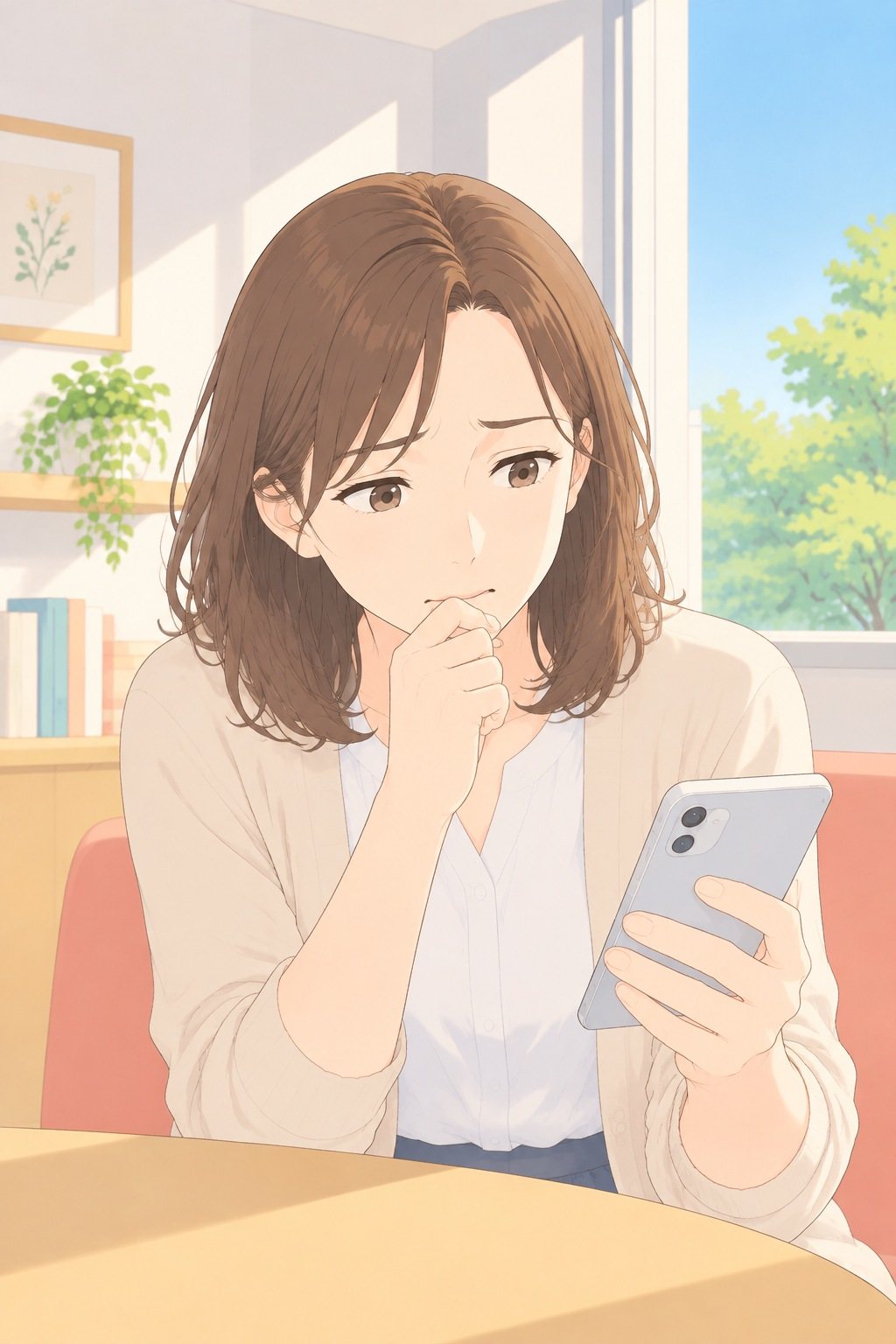 母親の胸から上。スマホを持ったまま、口元に手を当てて考え込む。