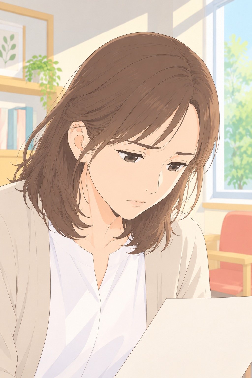母親の顔の寄り。机のメモを見て、肩を落とす。
