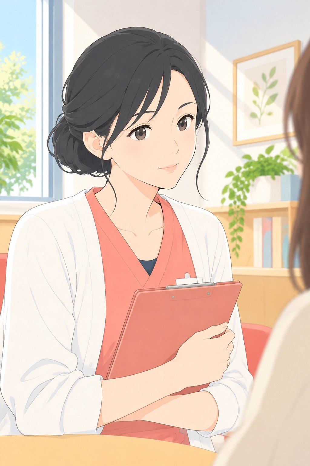 しずくの顔の寄り。紙ばさみを胸に抱え、母親をまっすぐ見て、口を閉じたまま小さくうなずく。横からの昼の光。