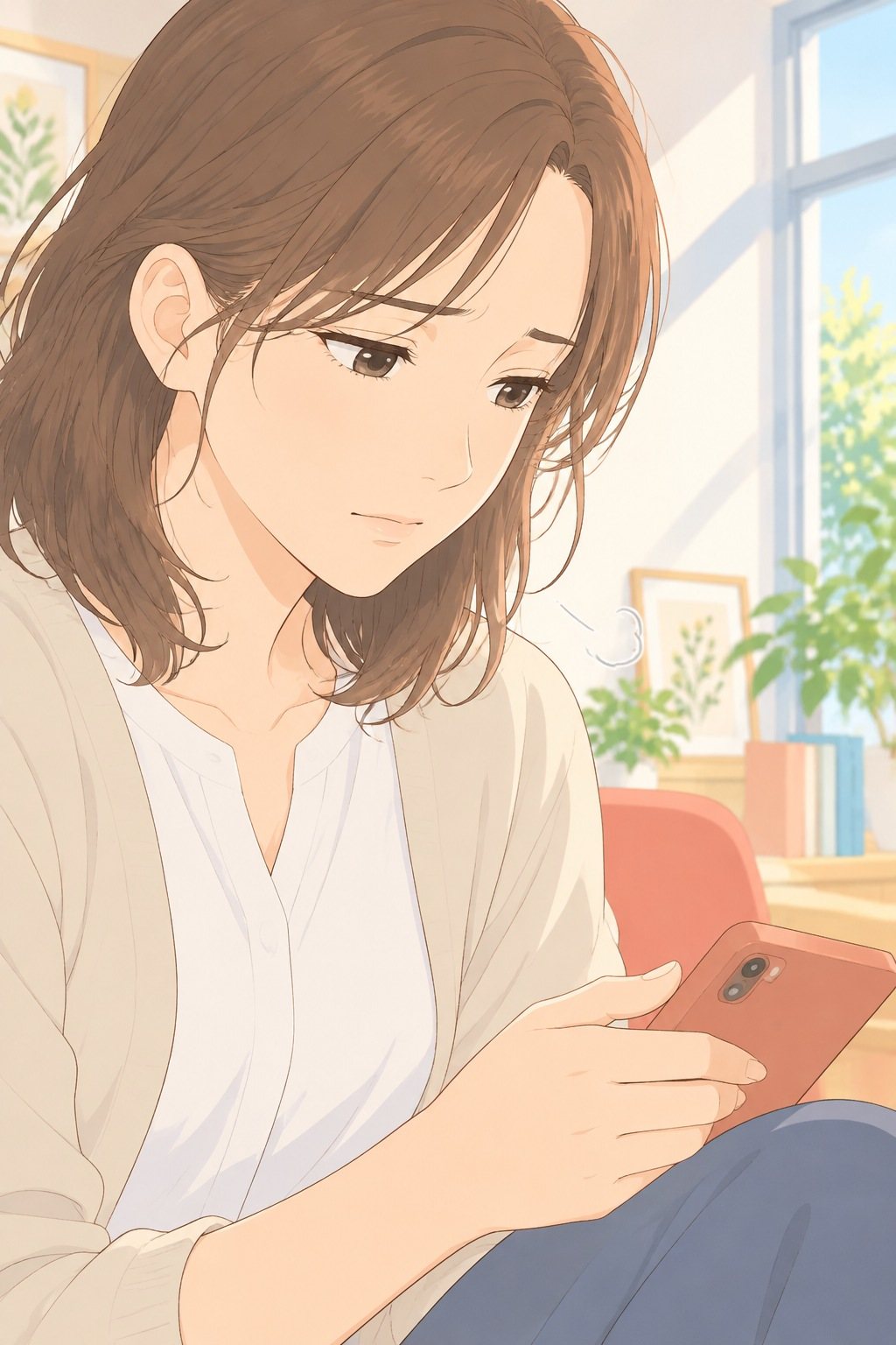 母親の顔の寄り。眉を下げたまま、膝の上のスマホに目を落とす。少しだけ肩の力が抜ける。