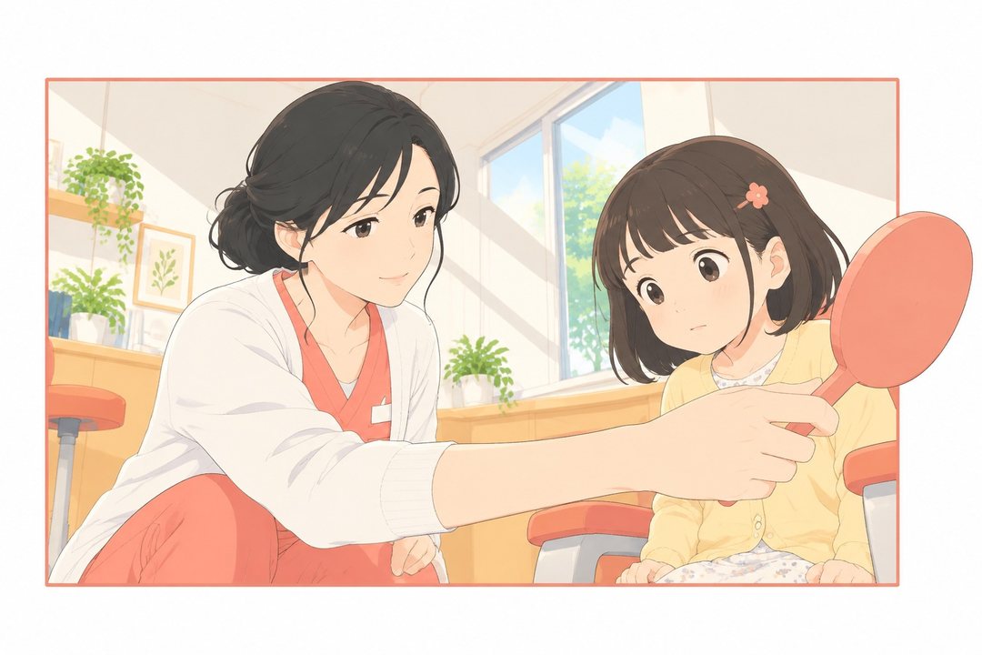 白い余白に細い枠の絵。しずくが身をかがめて女の子と目の高さをそろえ、珊瑚色の丸い手鏡を差し出す。手鏡は枠の右へはみ出す。女の子は椅子に座ったまま手鏡を見る。