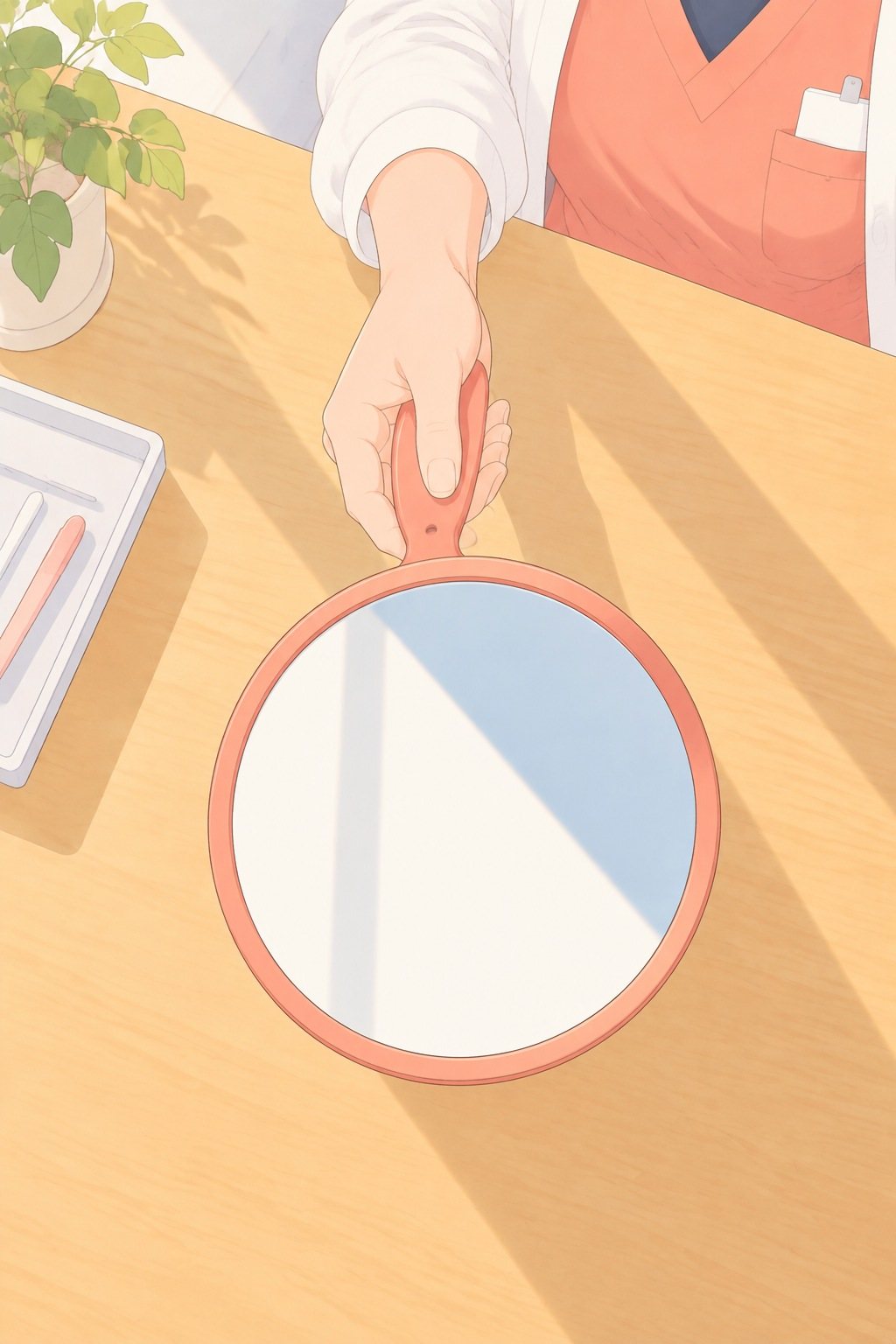 真上から机。しずくの手が丸い手鏡を女の子の方へ向ける。