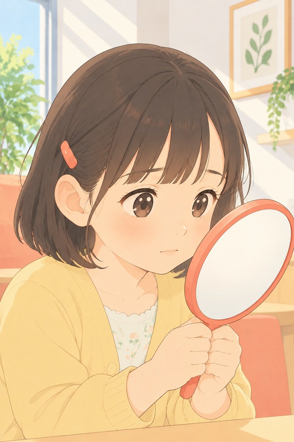 女の子の手元と顔の寄り。両手で手鏡を持ち、おそるおそる自分の口元をのぞく（鏡の中は見えない）。前髪のピン、小さな指。