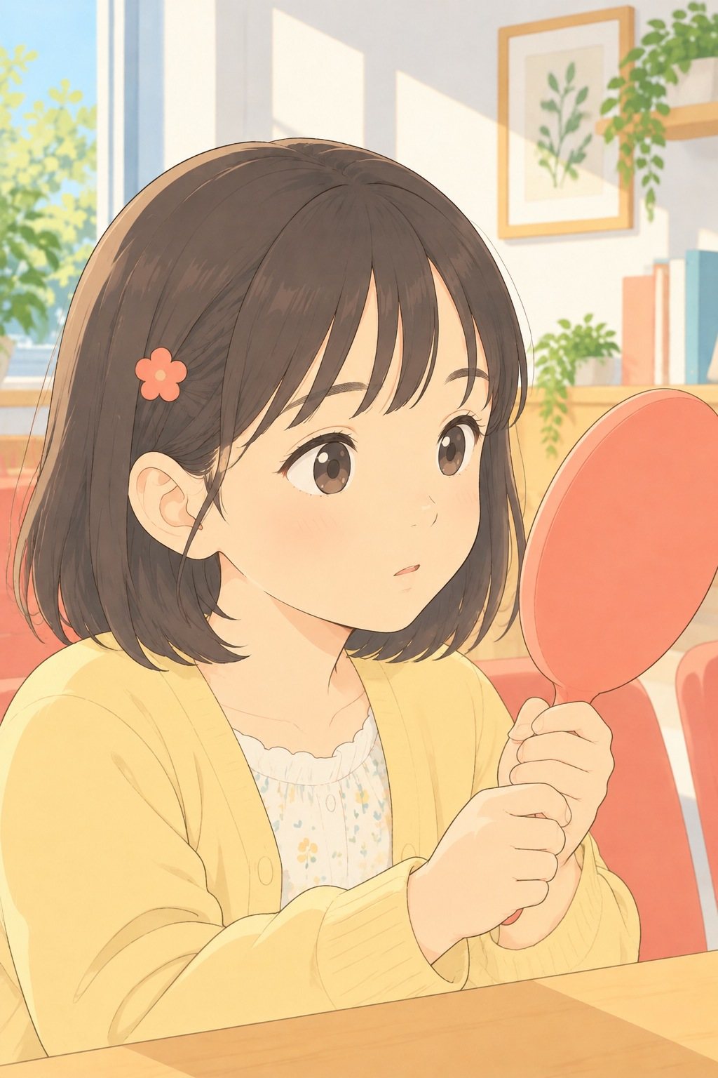 女の子の顔の寄り。両手の手鏡を見つめ、口をきゅっと結ぶ。