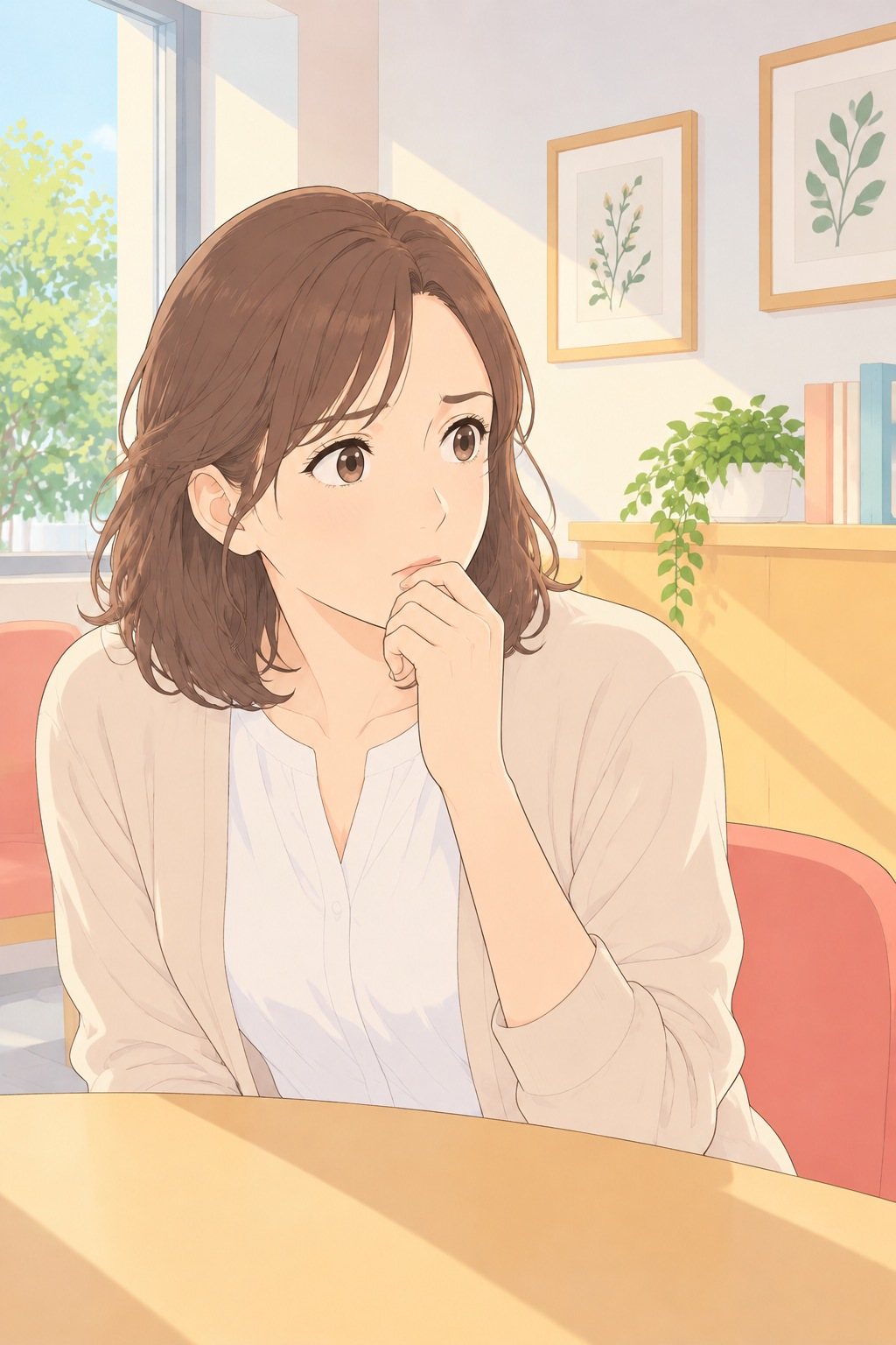 母親の胸から上。口元に手を当てて娘を見る。