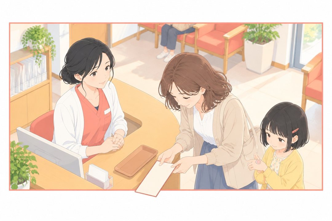 白い余白に細い枠の絵。受付の前で、母親が予約のカード(字は読めない)を受け取り、小さく頭を下げる。カードは枠の下へはみ出す。横で女の子が自分の手を見つめ、カウンターの中でしずくが口を閉じたまま、にこりと笑う。
