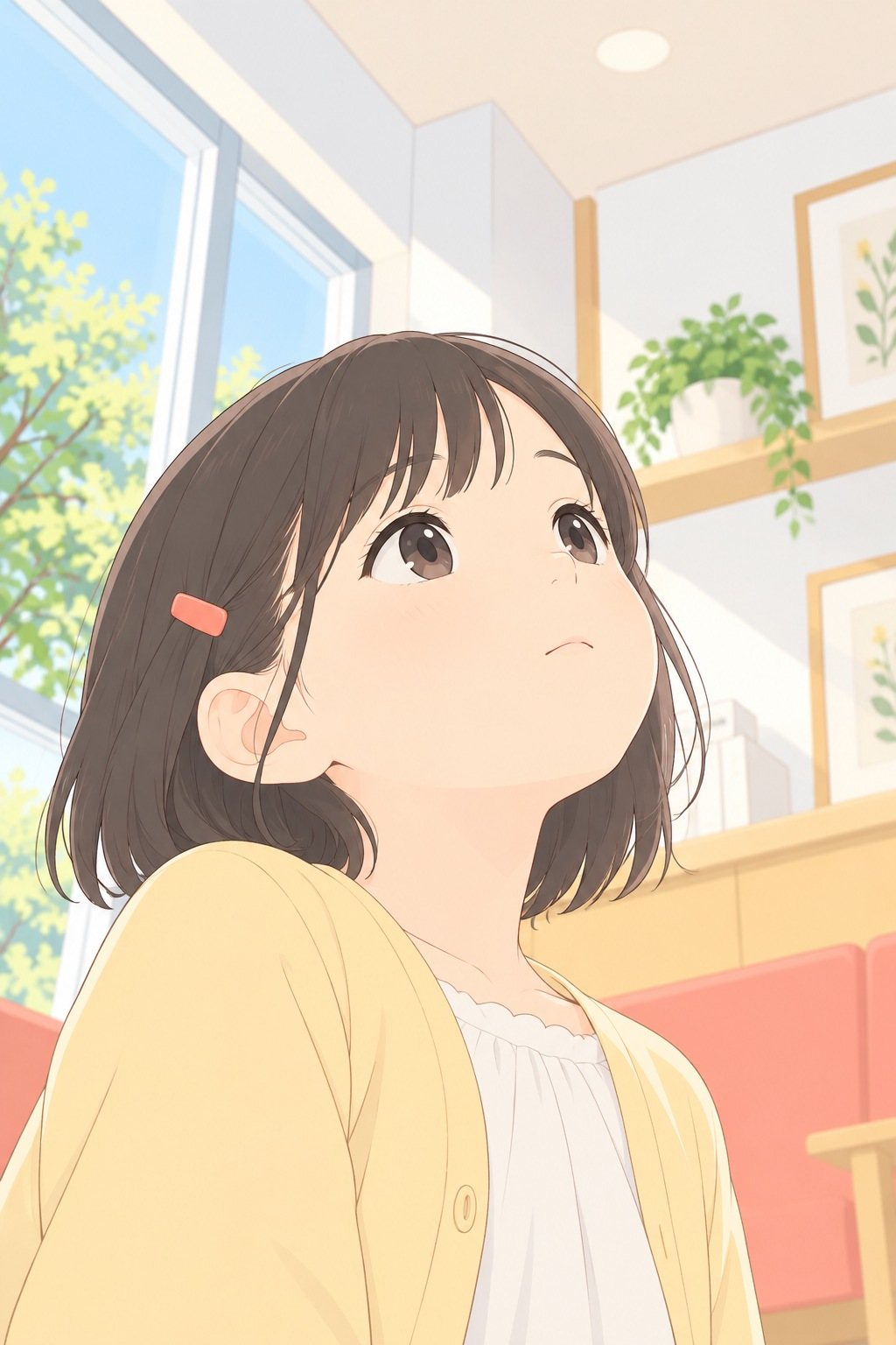 女の子がしずくの顔を下から見上げる寄り。首をかしげ、まっすぐな目。