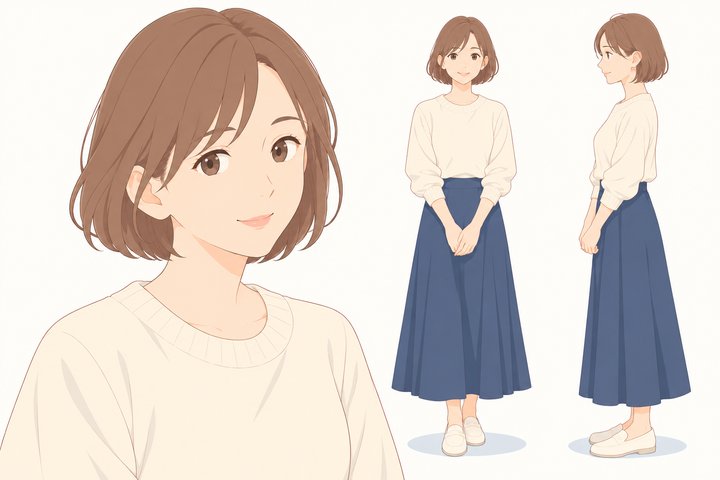 「笑うと、見える」の沢口 美緒の設定画（全身と顔）