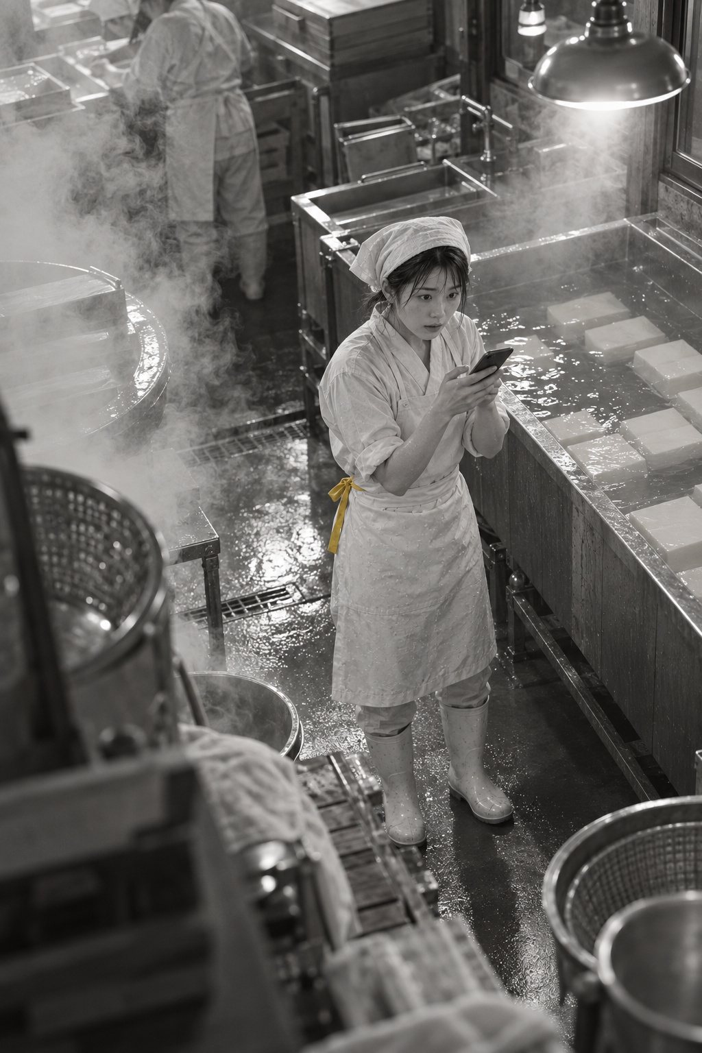 冬の朝4時の豆腐店の作業場を高い所から。釜から白い湯気が立ちこめ、ステンレスの水槽に豆腐が沈む。前掛けの若い女性が、濡れた手でスマホを見て固まっている。