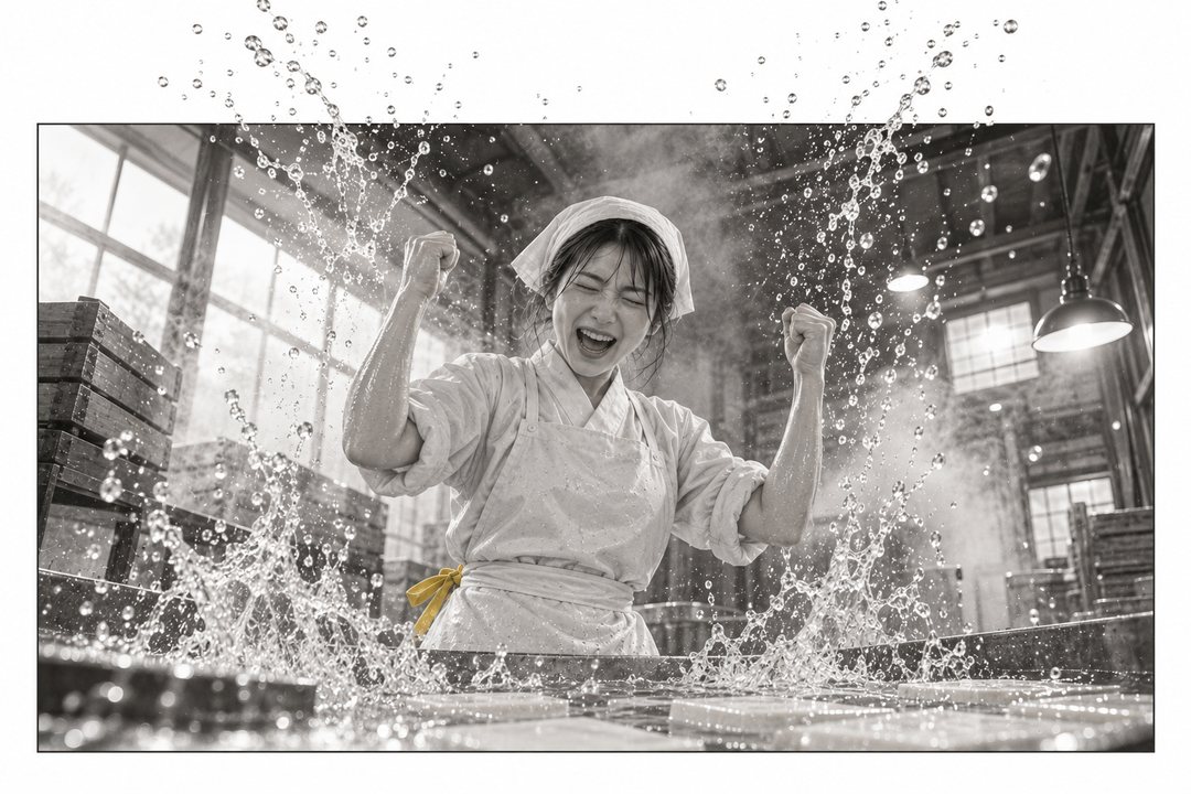湯気の中で両手を突き上げる真琴。水槽の水が跳ね上がり、しぶきが飛ぶ。