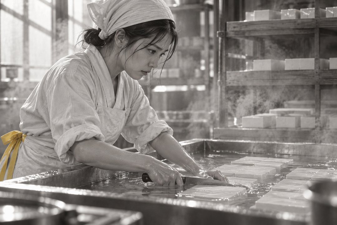 朝の作業場を横から。水槽に手首まで沈め、包丁で豆腐を1丁ずつ切り分ける真琴の手元。指先が冷たさで赤い。奥の棚に、今朝の分の豆腐の箱が積まれている。