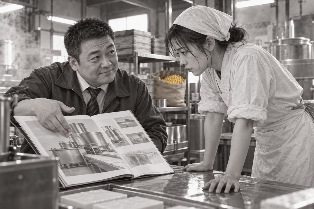 作業場の机。機械の会社の営業の男がカタログを広げ、真琴が身を乗り出す。後ろの棚に大豆の麻袋。
