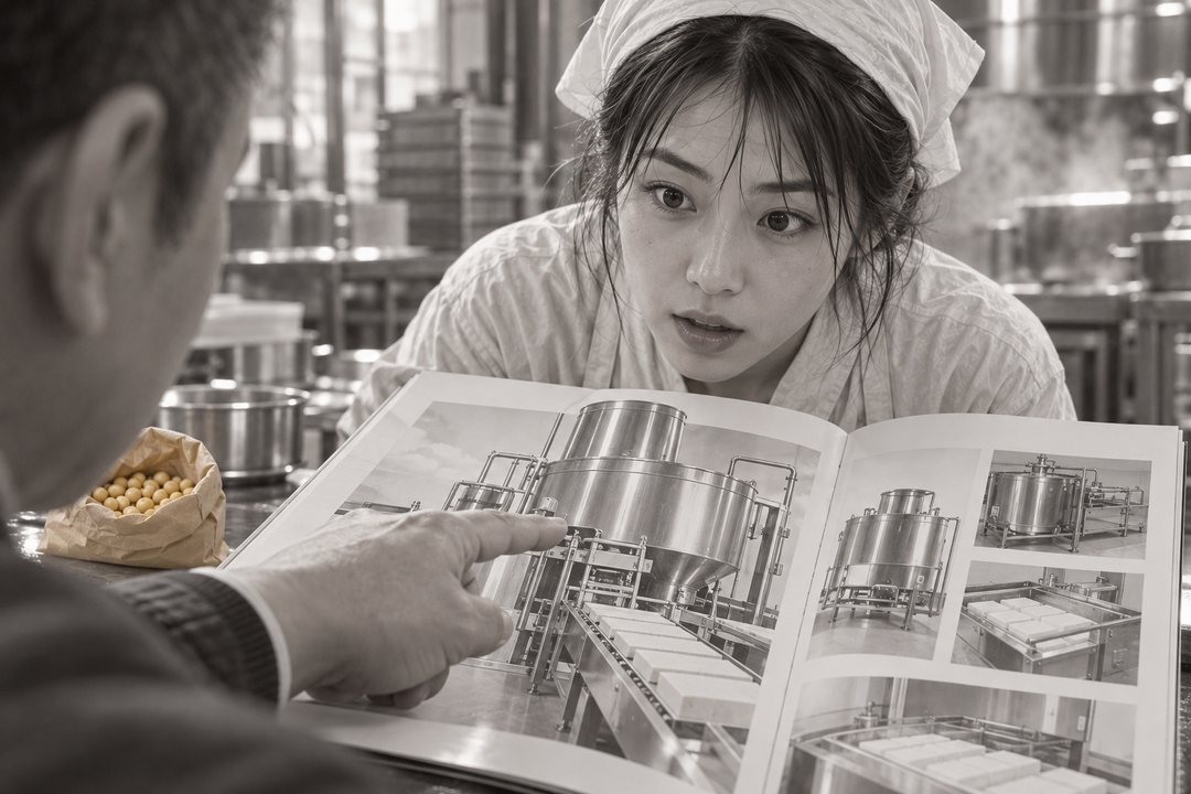 机の上のカタログの寄り。銀色の大きな機械の写真の上に、営業の指。横で真琴の目が輝く。