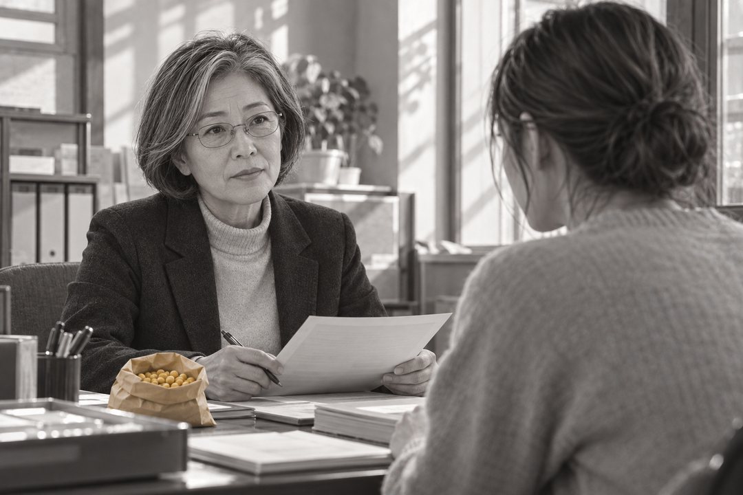 商工会議所の小さな相談の部屋。机の向こうで、眼鏡の女性が書類から顔を上げる。手前に、前掛けを外して座る真琴の背中。