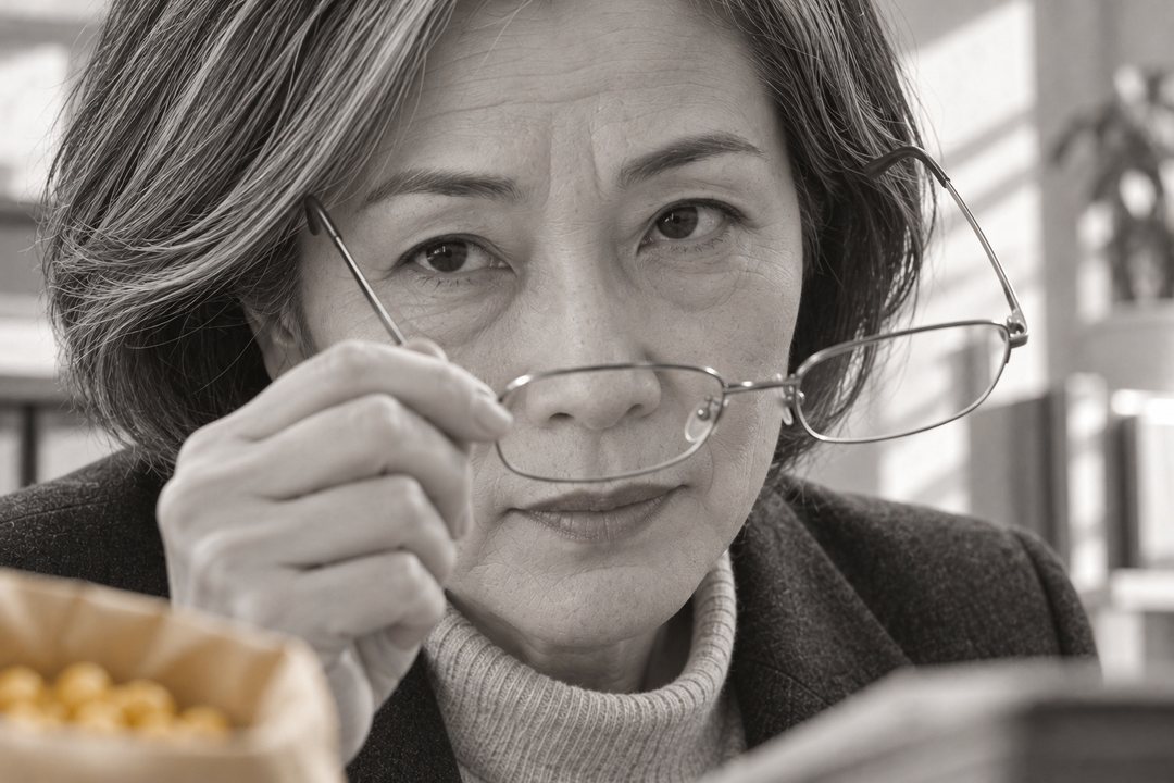 土岐が眼鏡を外す手元と、細めた目の横長の寄り。