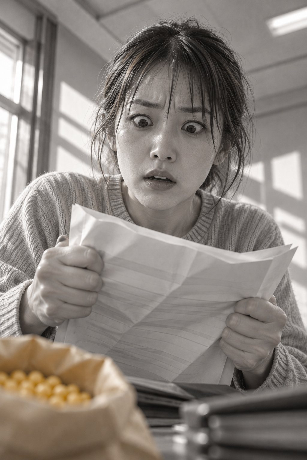 真琴の顔の寄り。青ざめて、手に持った見積書を握りつぶしかける。