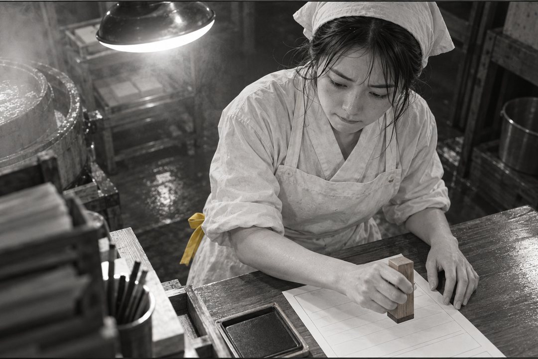 夜の作業場。傘の付いた電灯の下の机に、見積書と朱肉と店の判子。真琴が判子を持った手を、紙の上で止めている。