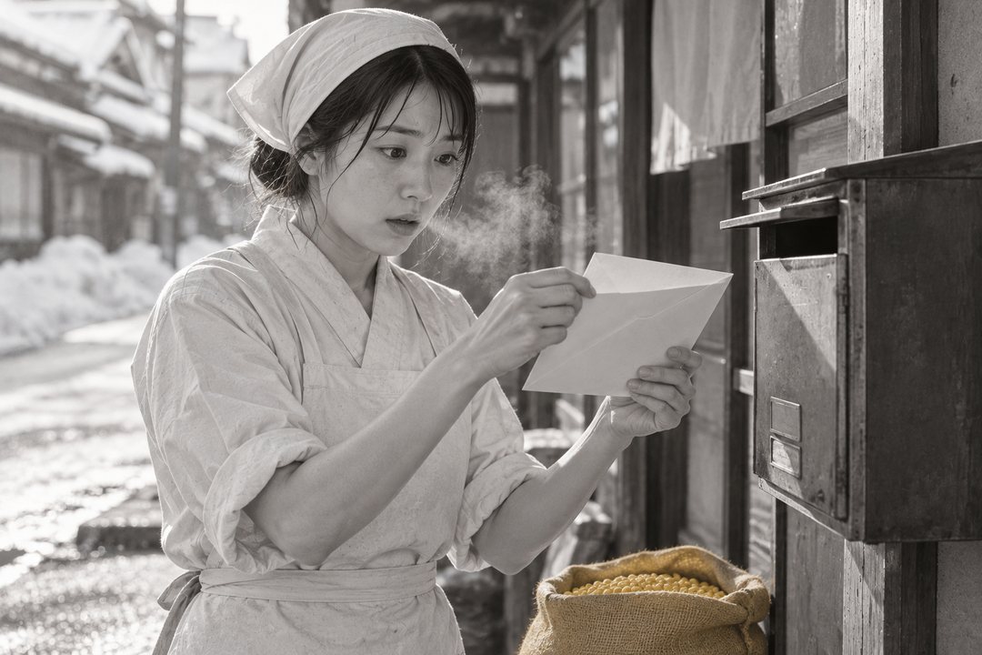 朝の店の前。郵便受けの前で、白い封筒を両手で開く真琴。白い息。足もとに大豆の麻袋。