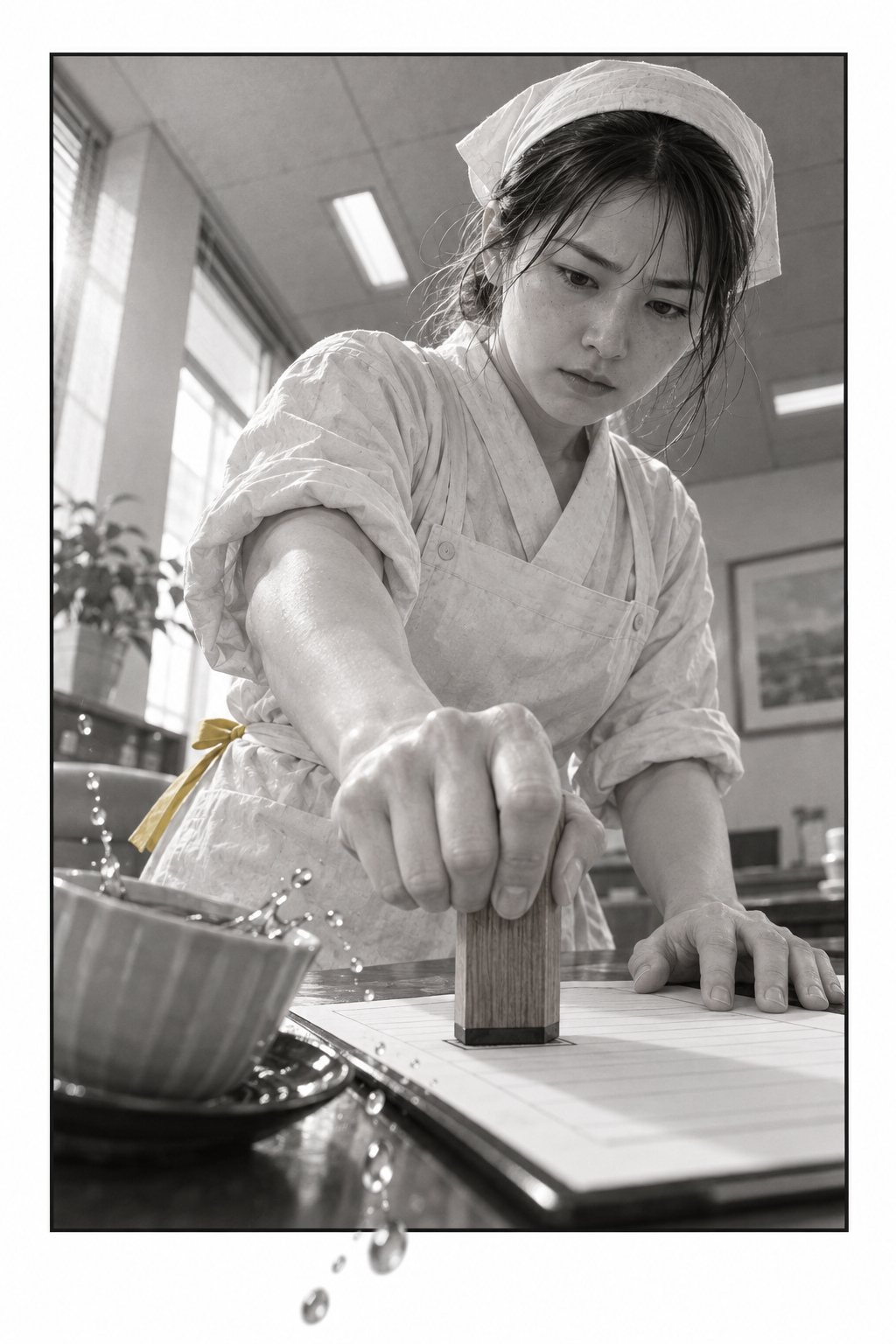 機械の会社の応接の机。契約書に店の判子を押す真琴を、机の高さから見上げる。押す力で、机の湯のみの湯がはねて枠の外へ落ちる。