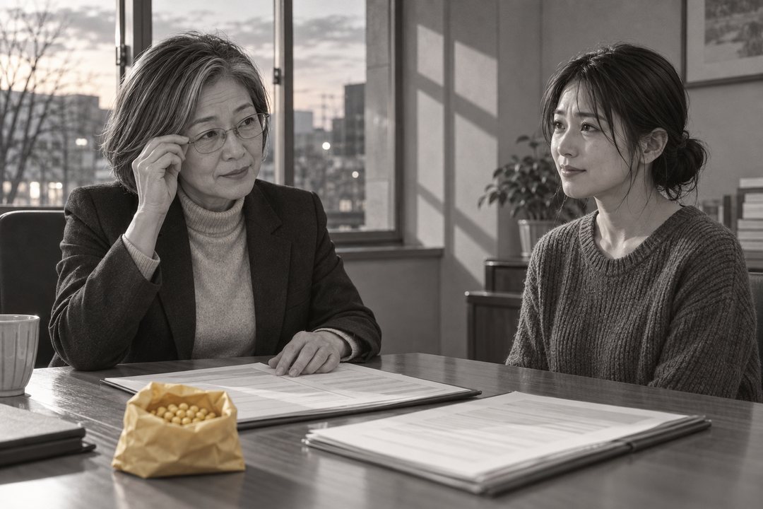 相談の部屋。机に交付決定通知書と契約書の控え。土岐が眼鏡をかけ直し、真琴は少し笑って土岐を見ている。窓の外は冬の夕方の空。